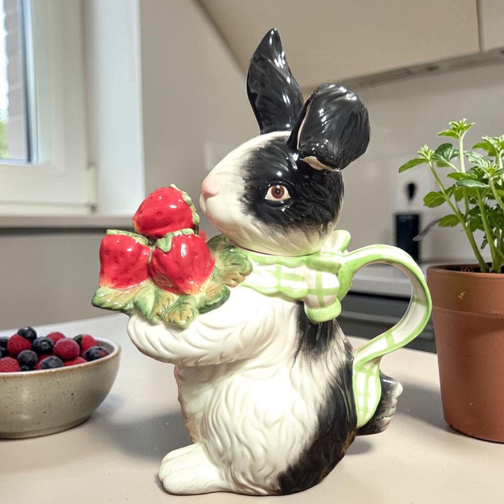 Kaldun and Bogle Teapot Rabbit Black and White Ceramic Handpainted